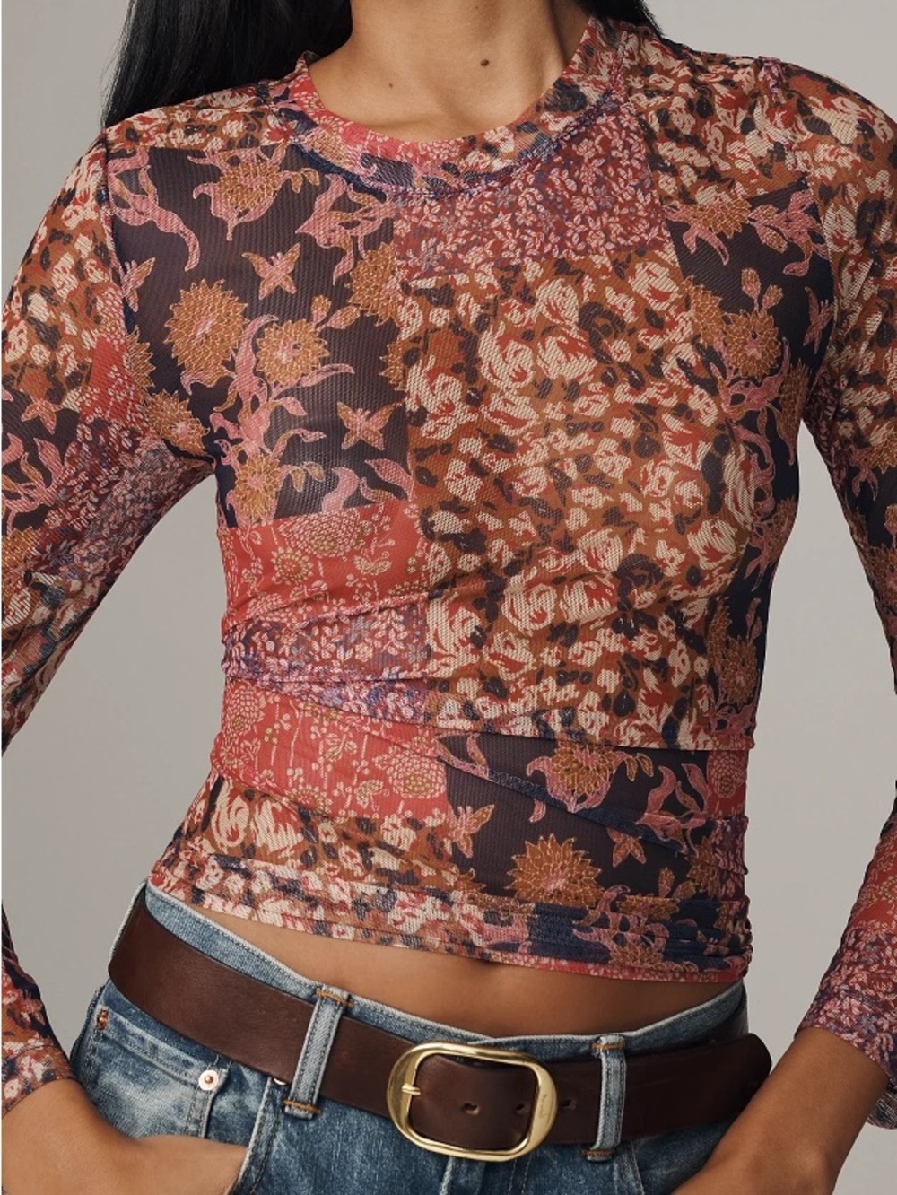 Anthropologie Porridge NWT Kona Patchwork Mesh Top Boho Floral Stretch Size XXS